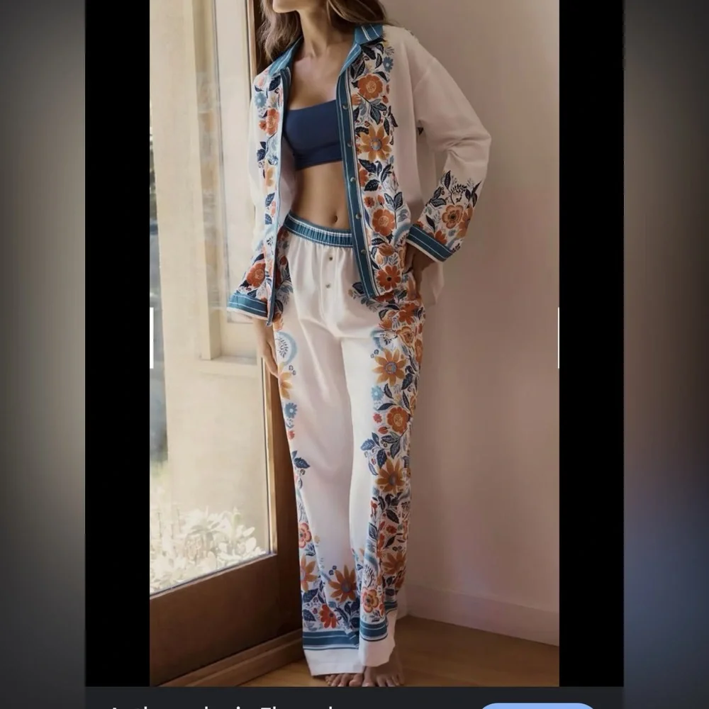 Anthropologie Floral White and Blue Pajama Set - Picture 1 of 12